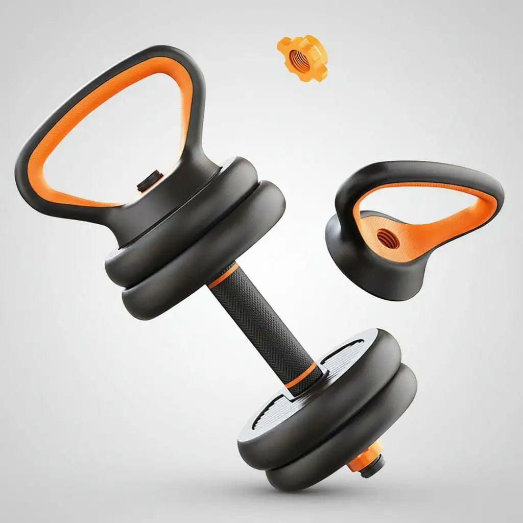Adjustable dumbbell with orange accents for home gym strength training