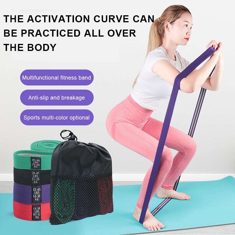 Woman using purple resistance band for home workout, multi-color options, anti-slip fitness band on yoga mat