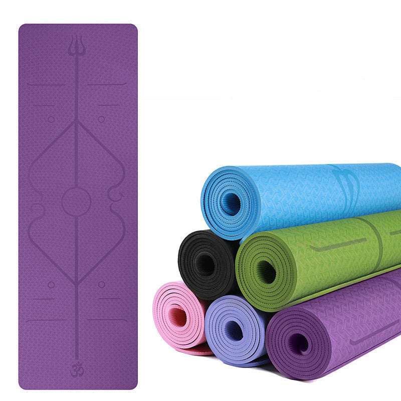 Purple yoga mat with alignment lines, plus rolled mats in blue, green, black, pink, and purple for home gym workouts