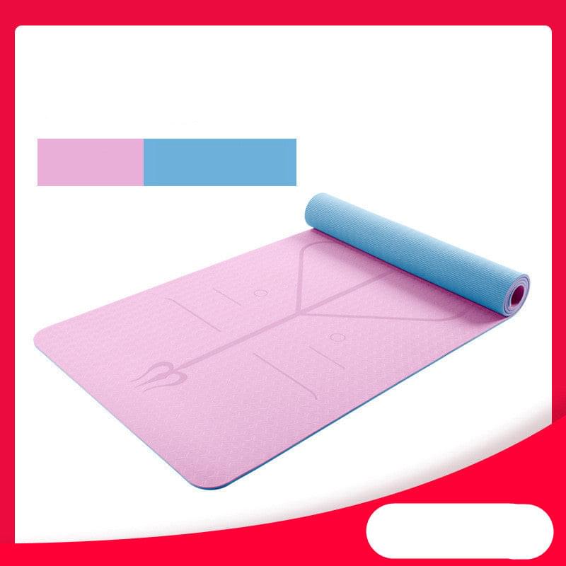 Pink and blue yoga mat with alignment guides, ideal for home gym workouts and yoga practice.