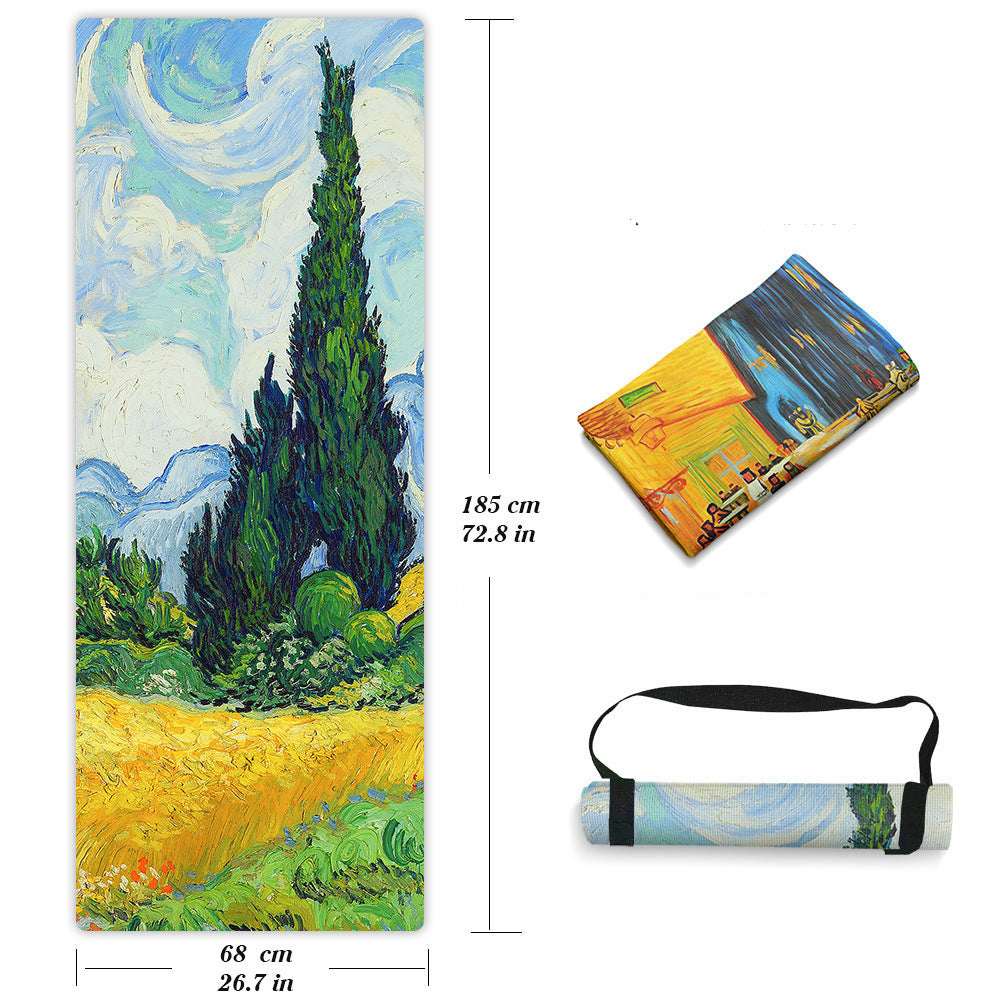Van Gogh-inspired yoga mat with cypress tree design, 185x68cm, rolled with carry strap for home gym use