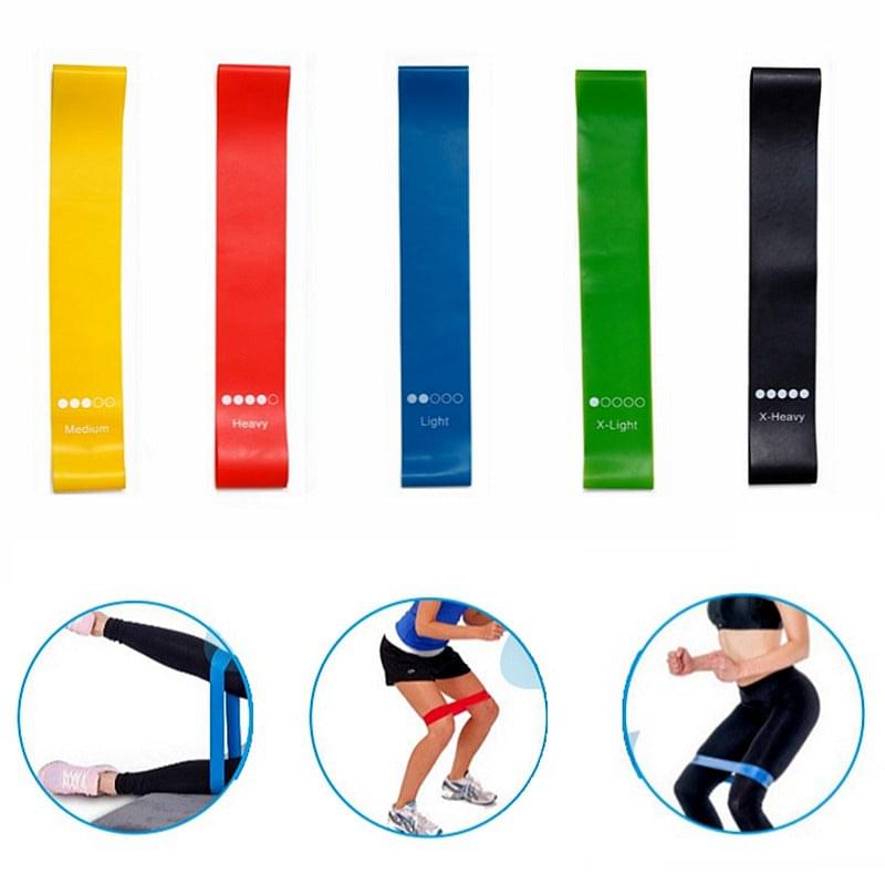 Color-coded resistance bands for home workouts: light, medium, heavy, x-light, x-heavy with exercise examples