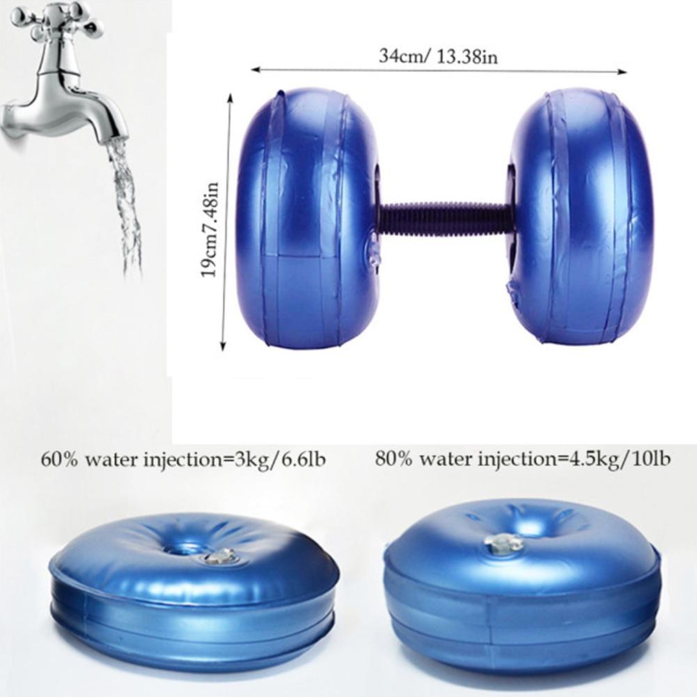 Adjustable water-filled dumbbell for home gym, 3kg to 4.5kg, blue inflatable design with measurements shown