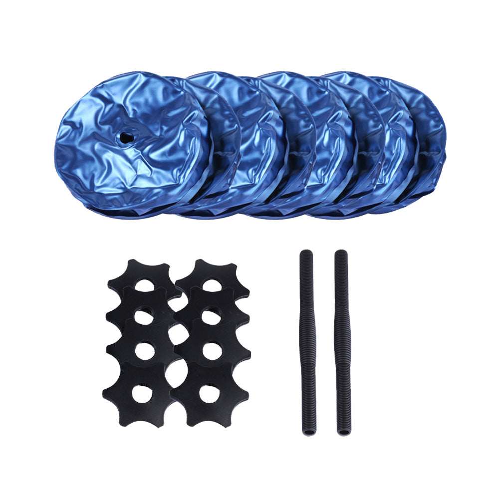 Blue adjustable dumbbell weight plates with black star-shaped collars and threaded rods for home gym use