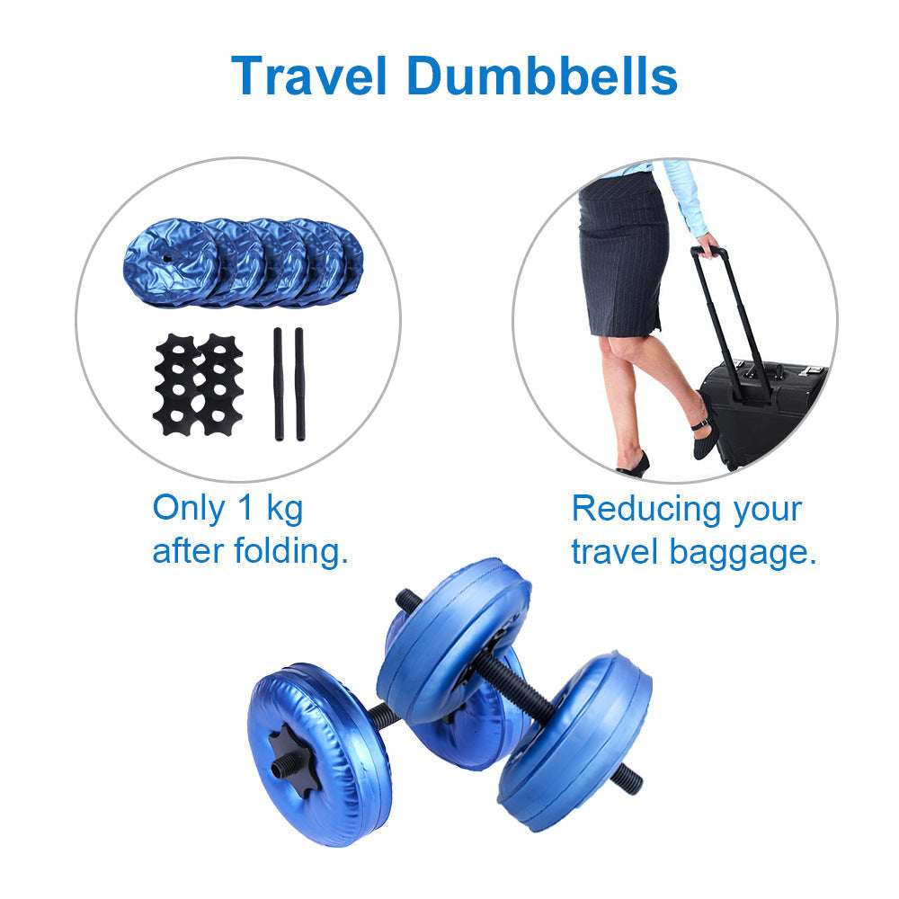 Portable blue travel dumbbells, foldable for easy packing, ideal for home gym or on-the-go workouts