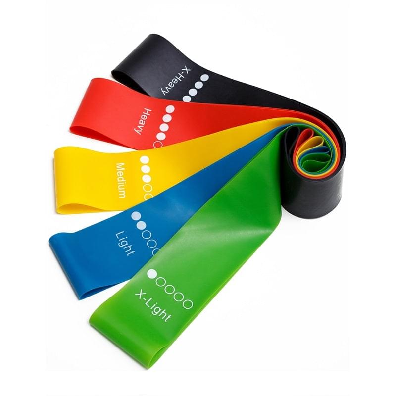 Color-coded resistance bands for home workouts: X-Light to X-Heavy, ideal for strength training and fitness routines.
