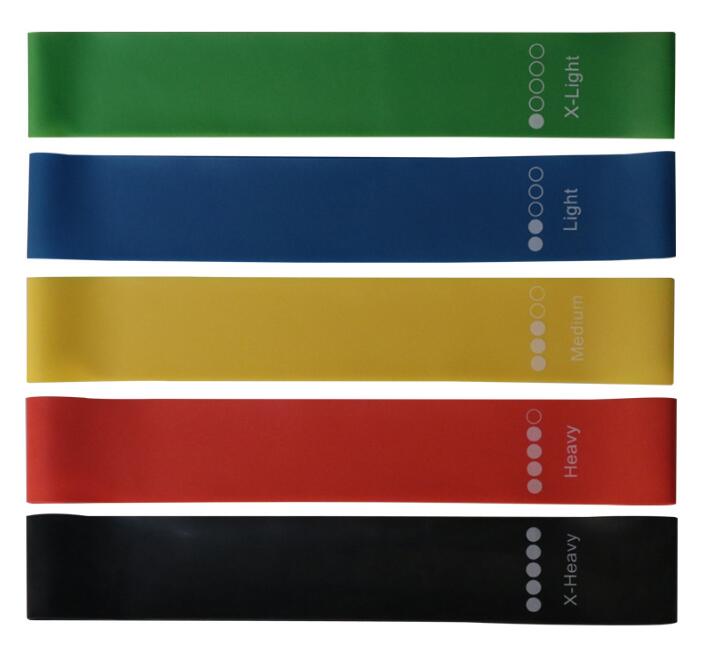 Set of 5 resistance bands in green, blue, yellow, red, black with X-Light to X-Heavy resistance levels for home workouts