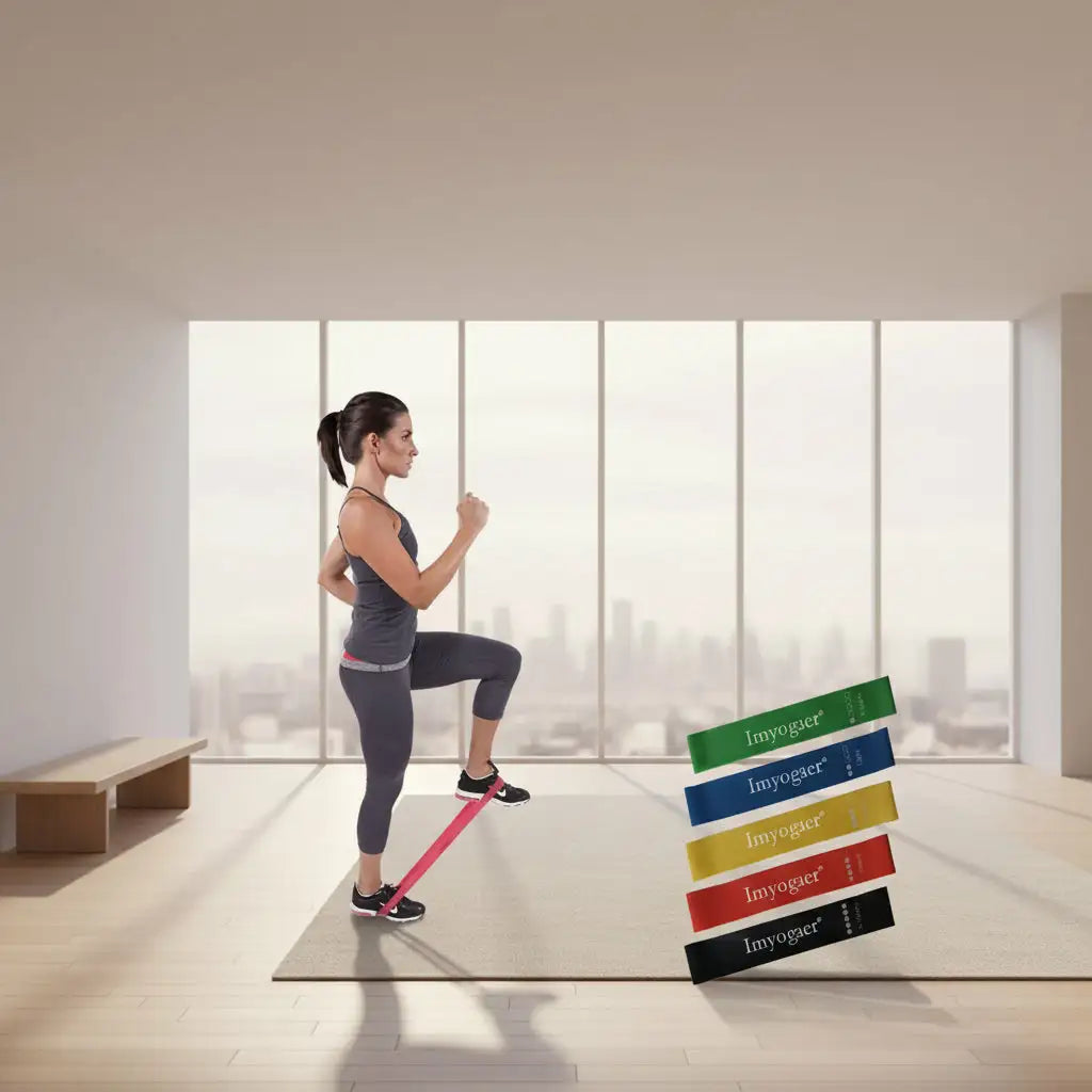 Woman using resistance band for home workout, colorful Imyogaer bands displayed nearby