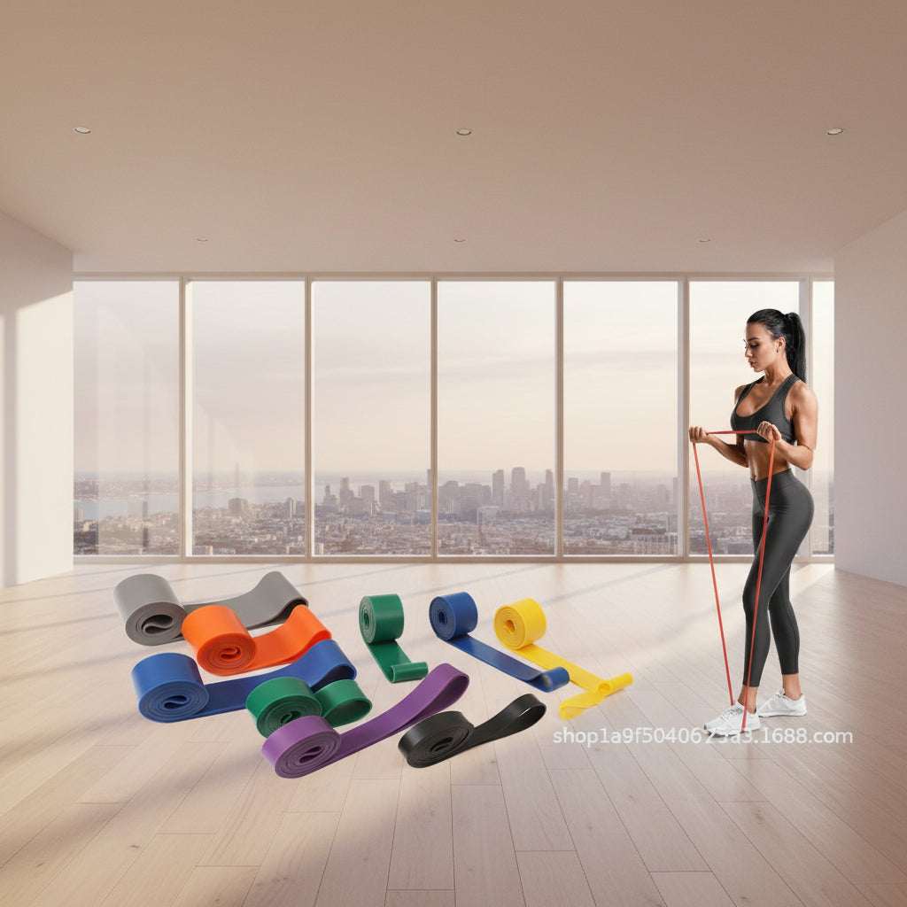 Colorful elastic pull-up bands made of TPE in various resistance levels from yellow to gray