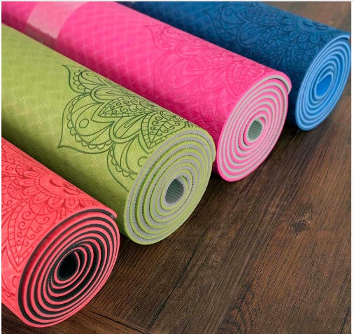 Two-color non-slip fitness yoga mat made of eco-friendly TPE with 6mm thickness and double-layer mesh for durability
