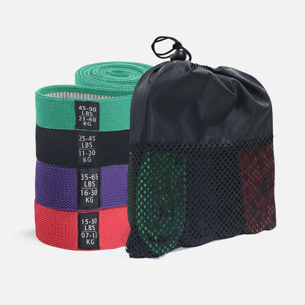 Color-coded resistance bands with weight ratings, stored in a mesh carry bag for home gym workouts.