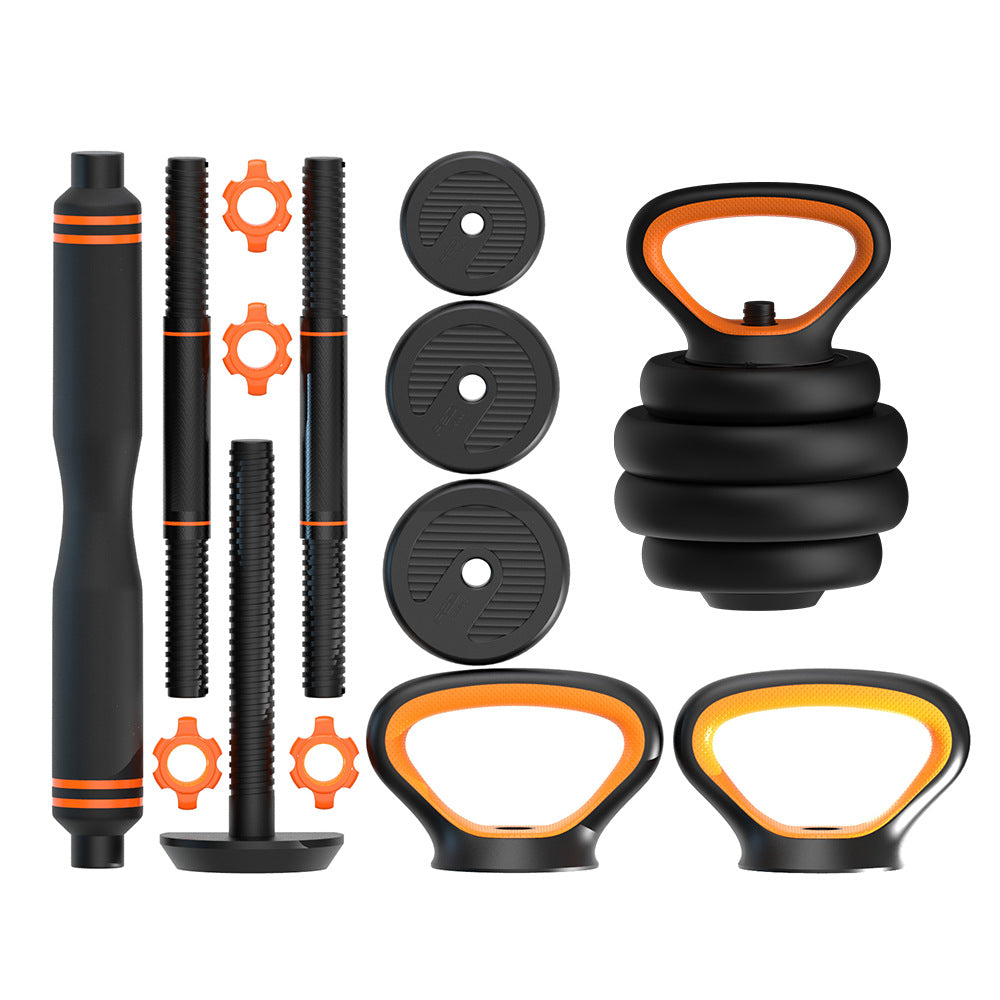 Dumbbells and kettlebells pack with iron weights and fitness equipment accessories