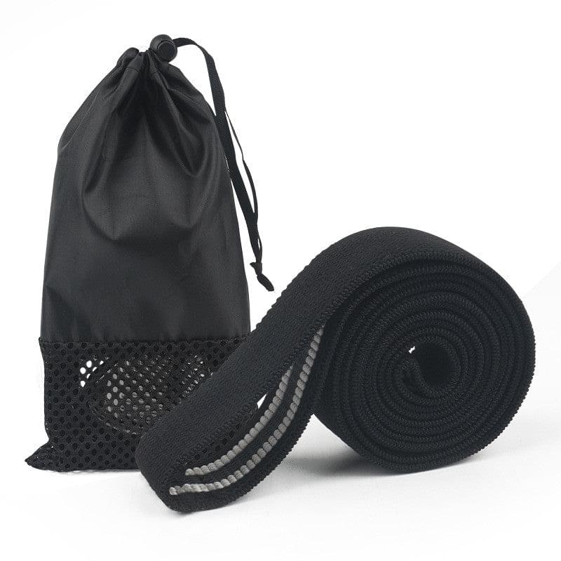 Black resistance band with mesh storage bag for home gym workouts