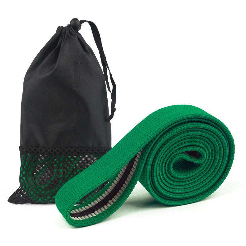 Green resistance band with black mesh carry bag for home gym workouts
